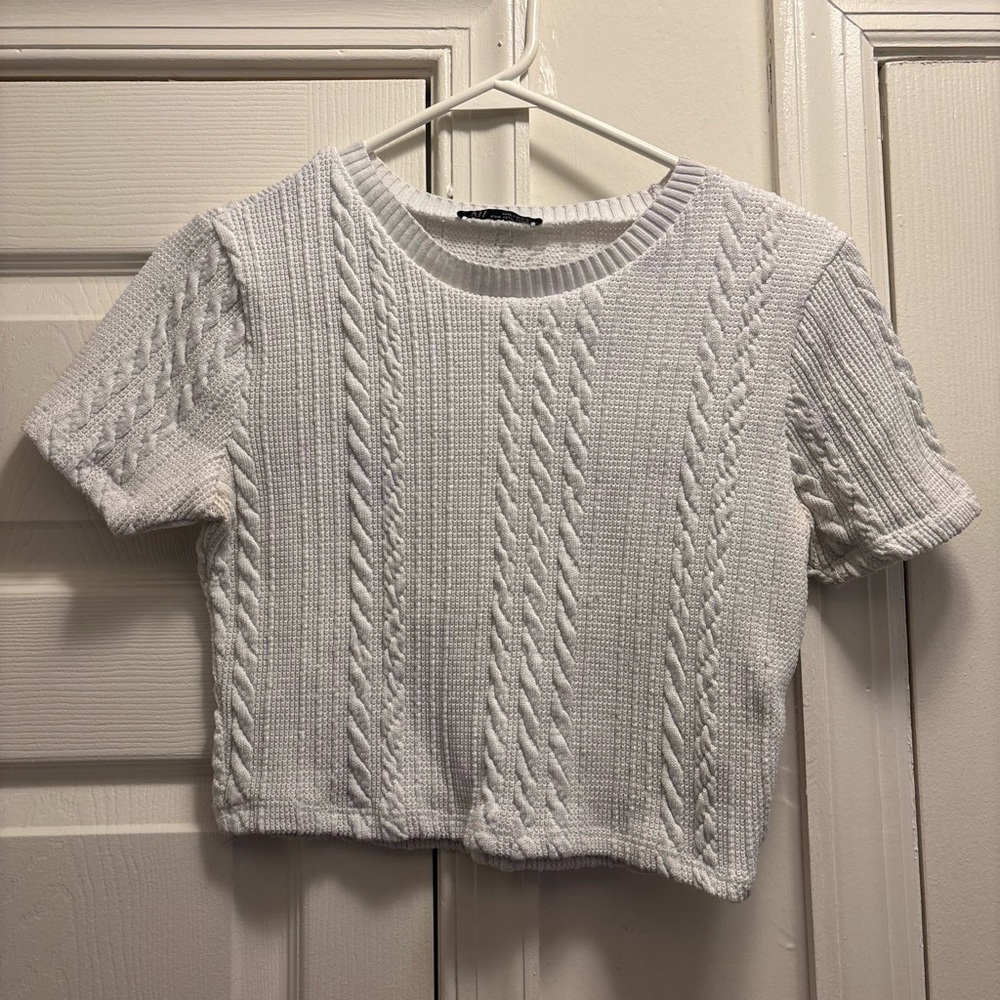 Zara White Cable-Knit Cropped Short Sleeve Sweater
